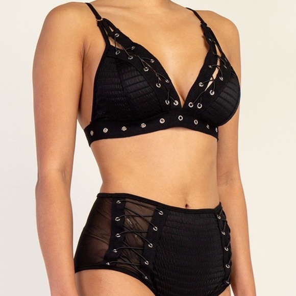 Rehab Other - Mesh Triangle Eyelet Detailing Lightweight Two Piece Lingerie Set- Black